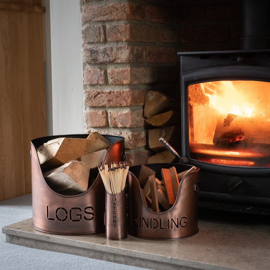 Logs, Kindling and Matchstick holder -Copper Finish