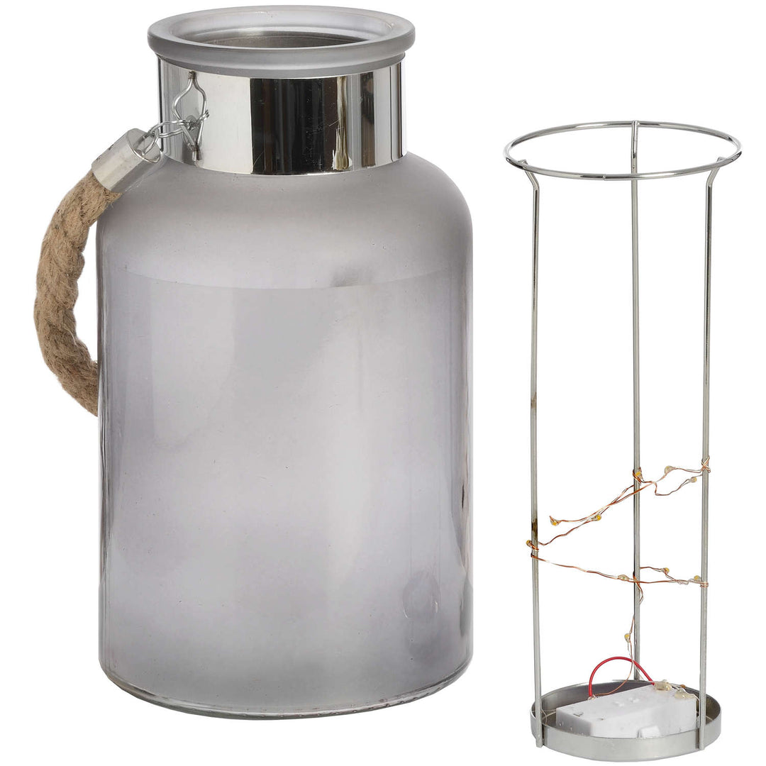 Large Frosted Glass Lantern with Rope Detail and Interior LED