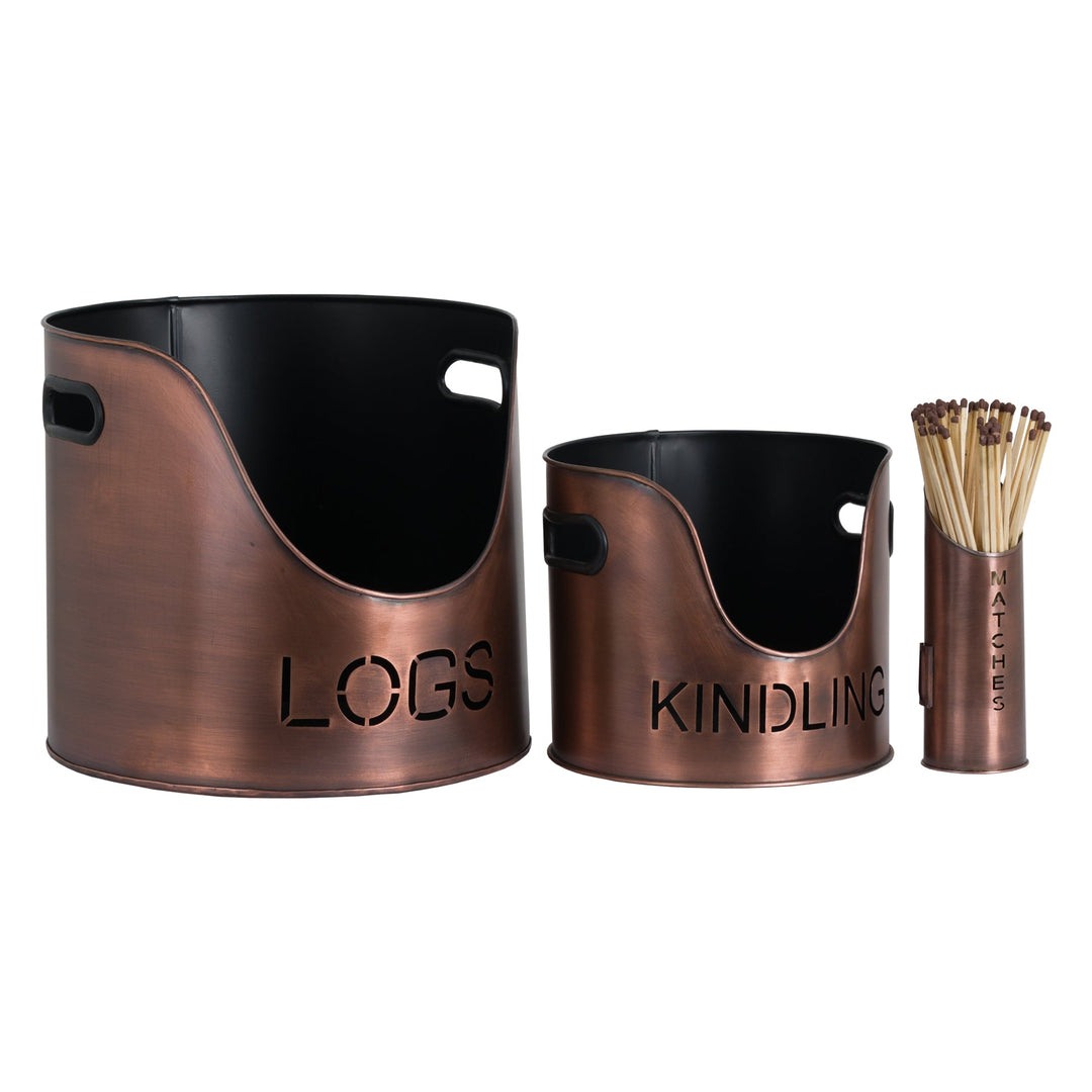 Logs, Kindling and Matchstick holder -Copper Finish