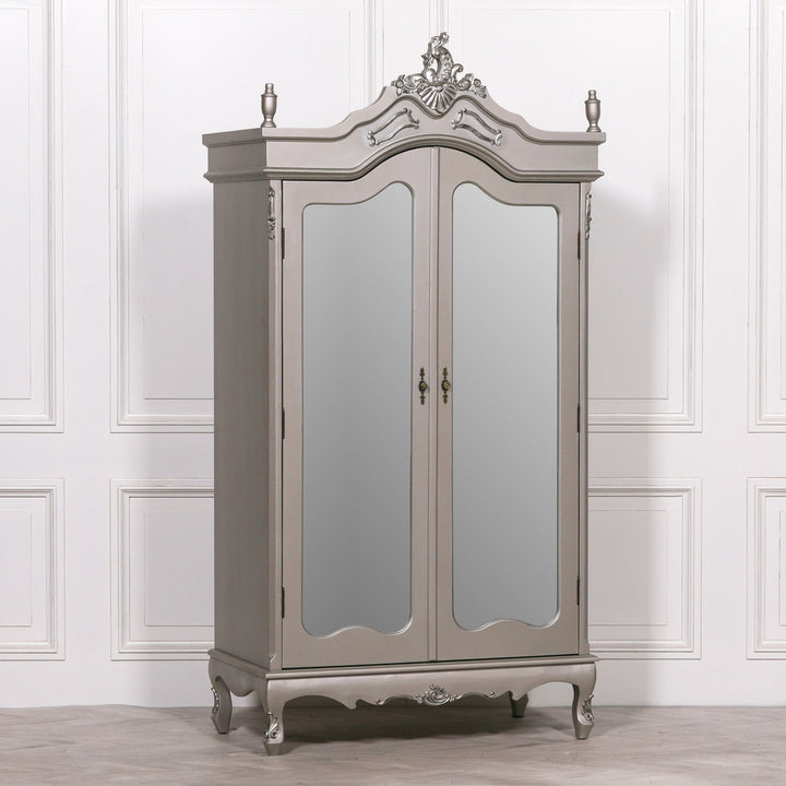 French Antique Silver Double Mirrored Door Wardrobe
